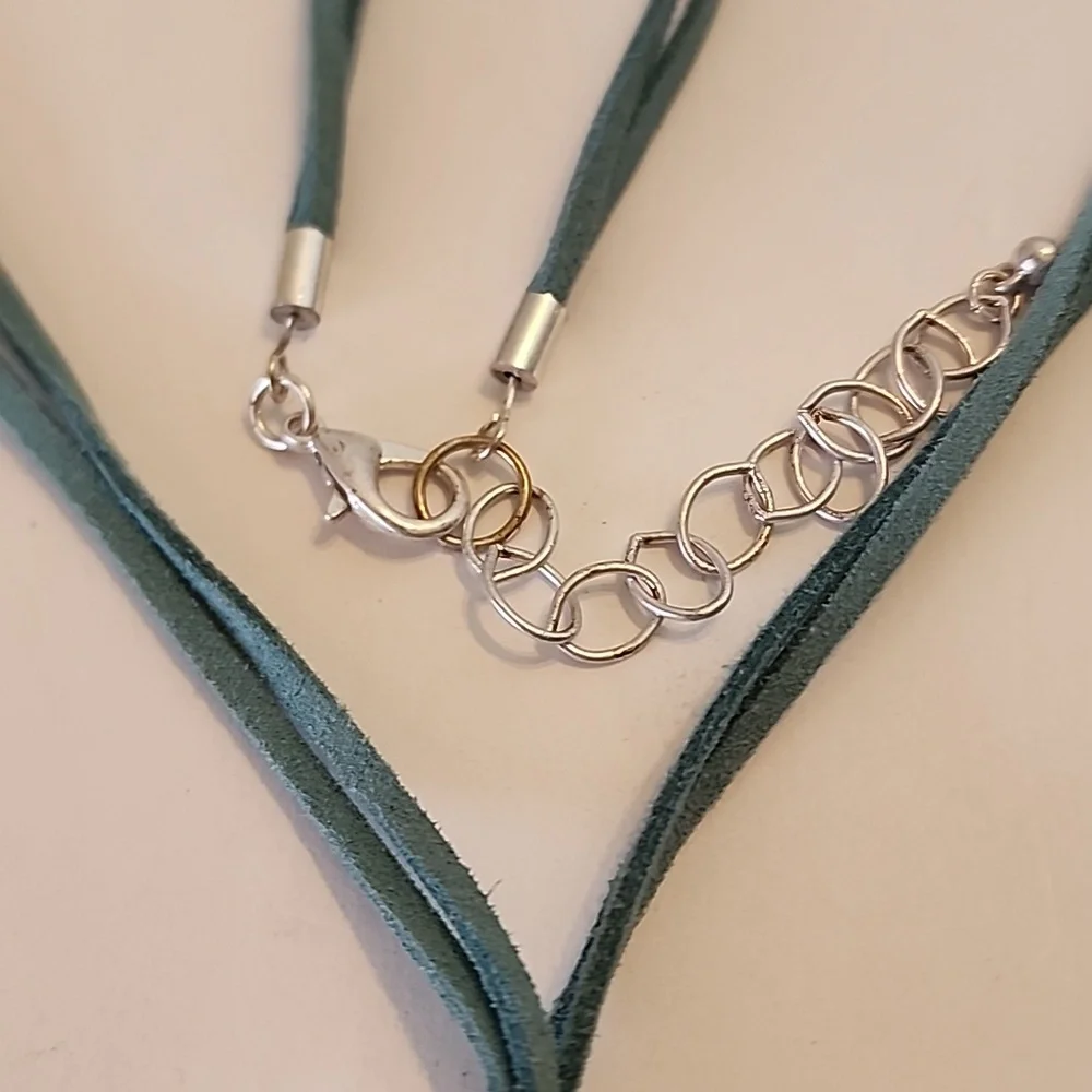 Teal Leather Cord Necklace Silver & Copper Colored Leaf Pendants Lobster Clasp